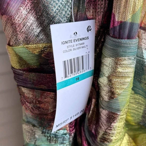 🆕 Ignite Evenings Metallic Floral Maxi Dress Size 16 Teal Gold Gown Pleated Prom - Picture 15 of 16